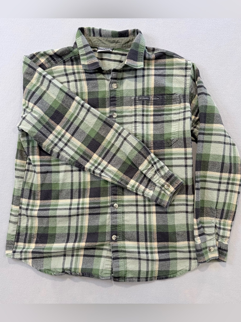 Columbia Flannel Shirt Men's Large Green Plaid Lined Button Up